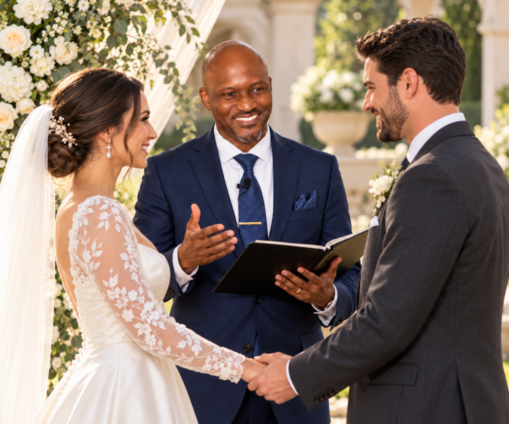Pastor Johnson Oni officiating a garden wedding ceremony as the bride and groom hold hands.